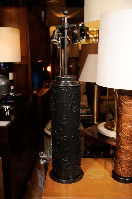 Vintage Ebonized Wood Wallpaper Roll Table Lamp For Sale 1